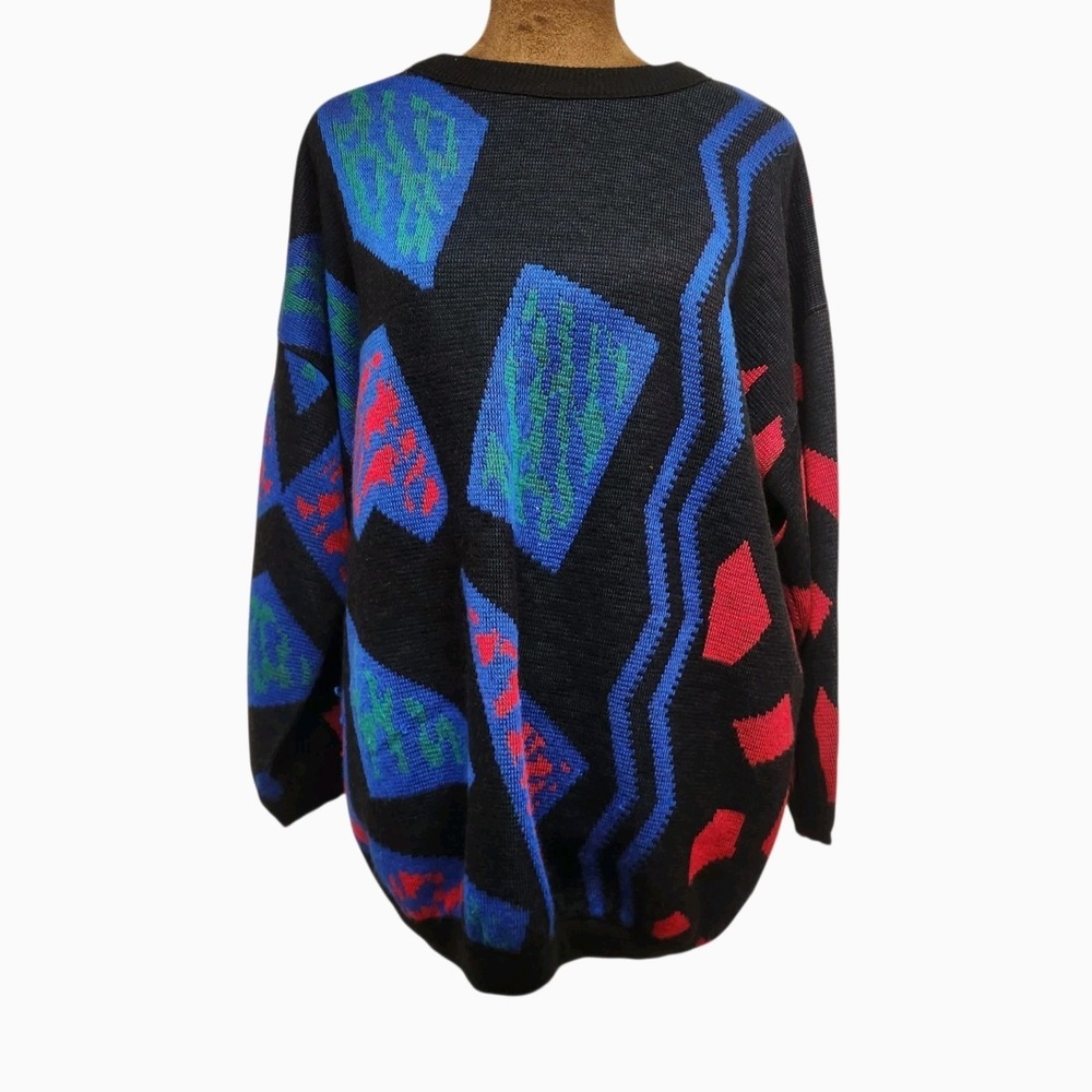Vintage 80s Geometric Pattern Sweater Size‎ M Relaxed Fit Women's 3/4 Sleeve